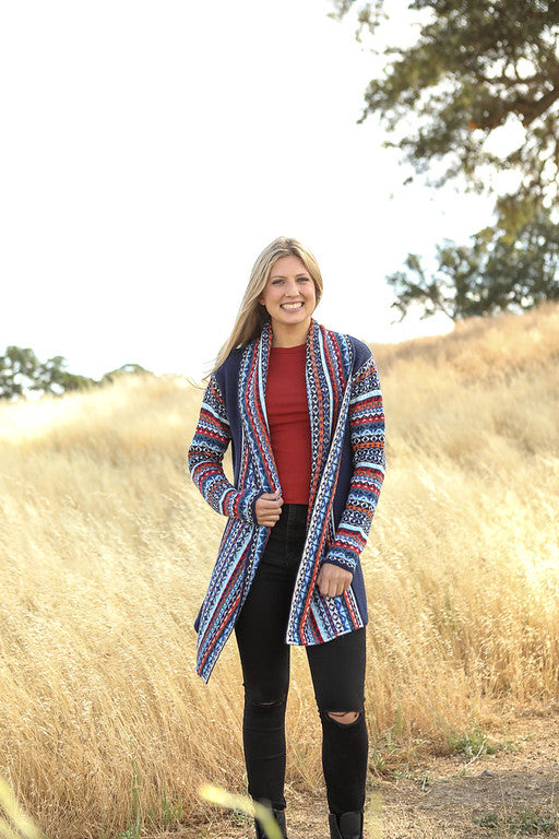 Long length cardigan with multiple designs on arms and collar