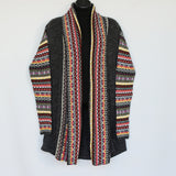 Long length cardigan with multiple designs on arms and collar