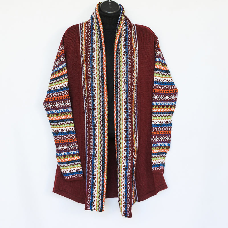 Long length cardigan with multiple designs on arms and collar