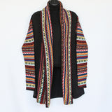 Long length cardigan with multiple designs on arms and collar