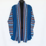 Long length cardigan with multiple designs on arms and collar