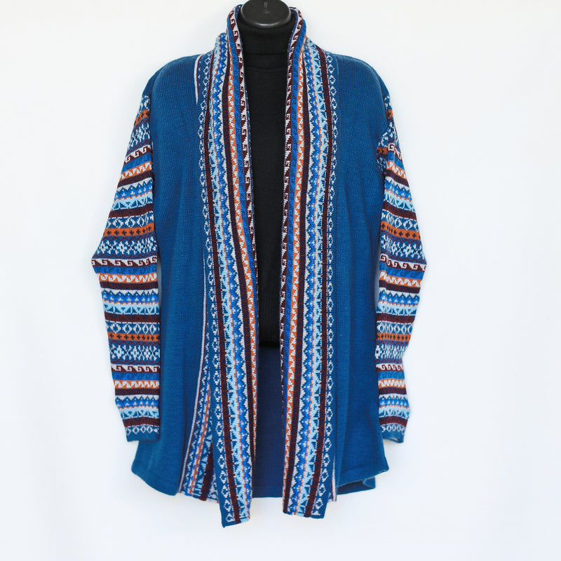 Long length cardigan with multiple designs on arms and collar