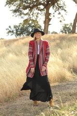 Long length cardigan with multiple designs on arms and collar