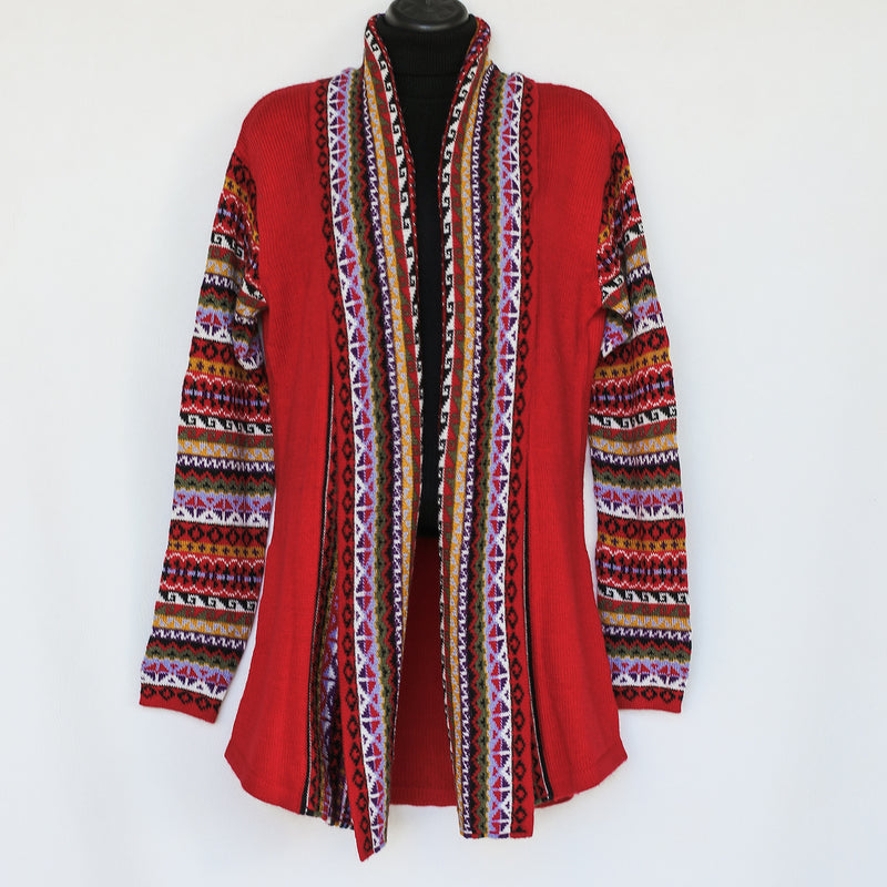 Long length cardigan with multiple designs on arms and collar