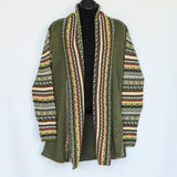 Long length cardigan with multiple designs on arms and collar