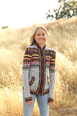 Alpaca sweater with zipper and hextech design around zipper with pockets and hoodie